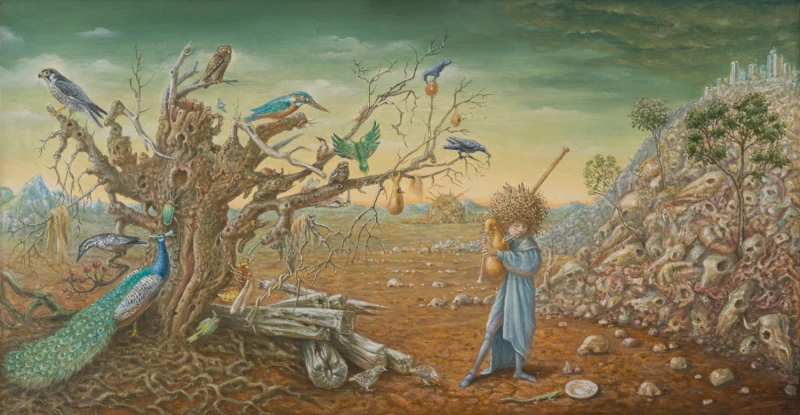 Spielmann mit Pfau, 2019, Mischtechnik auf Platte, 52 × 100 cm