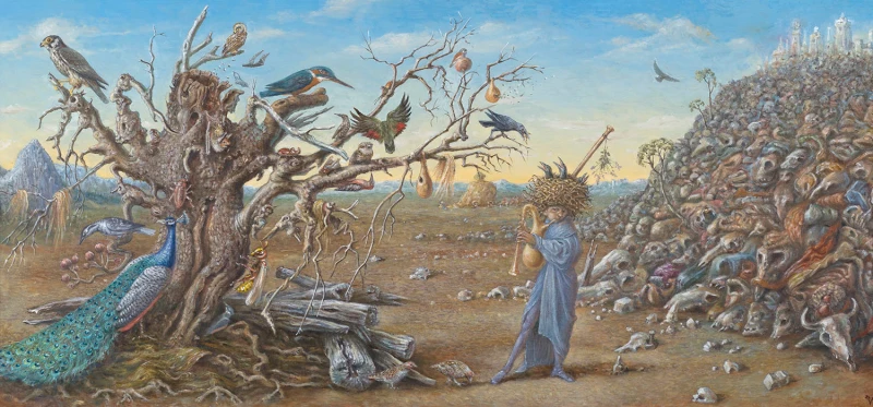 Baum und Spielmann, 2017, Mischtechnik / Platte, 38 × 83 cm