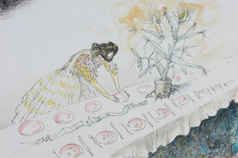 die Tafel, 2010, Feder/Aquarell, 21 × 30 cm