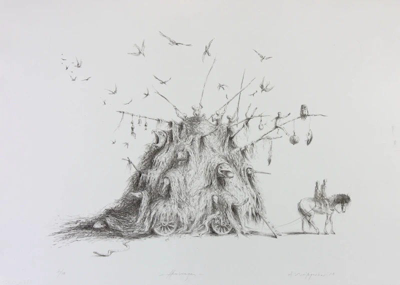 Heuwagen, 2008, Lithografie, 33 × 45 cm
